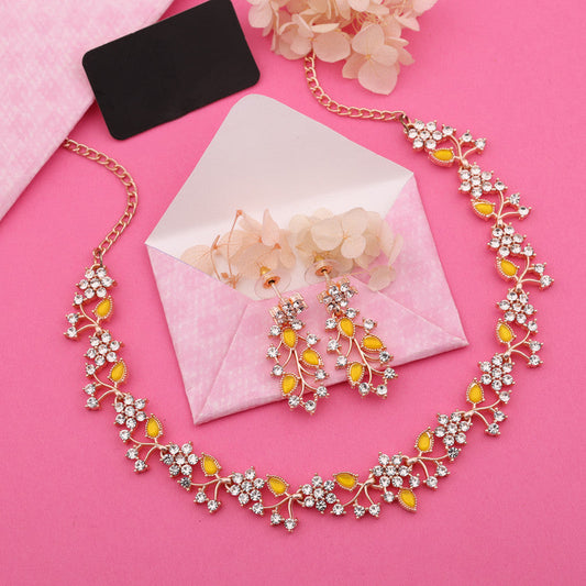 Tehzeeb Creations Rose Gold Pleated White Diamond With Yellow Beads Necklace Set | Grab2Buy