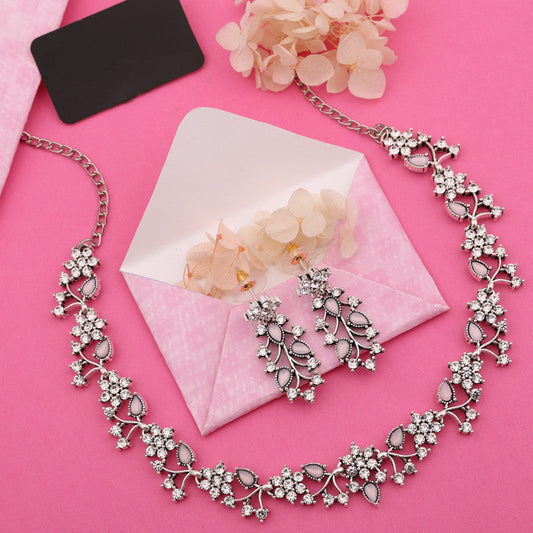 Tehzeeb Creations Silver Pleated White Diamond With Baby Pink Beads Necklace Set | Grab2Buy