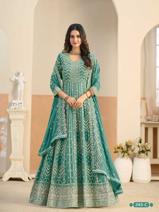 Anaita Turquoise Faux Georgette Anarkali Suit With Embroidery Work