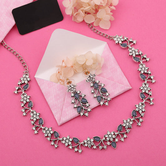 Tehzeeb Creations Silver Pleated White Diamond With Baby Blue Beads Necklace Set | Grab2Buy