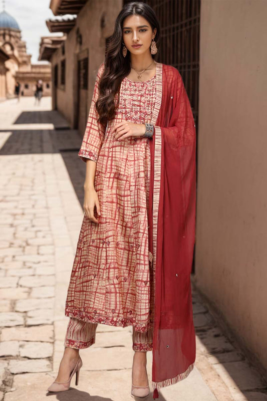Ahika Red Silk Blend Abstract Printed Flared Suit Set