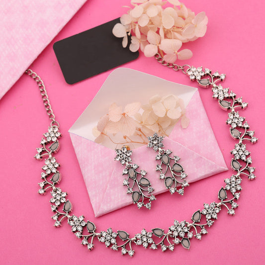 Tehzeeb Creations Silver Pleated White Diamond With Grey Beads Necklace Set | Grab2Buy