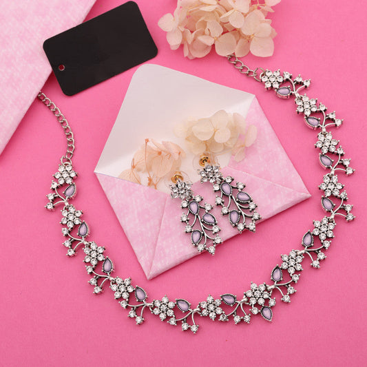 Tehzeeb Creations Silver Pleated White Diamond With Lavender Beads Necklace Set | Grab2Buy