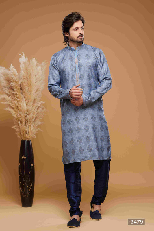 Raivat Ethnic Art Silk Digital Print Pintux Work Kurta Pajama In Blue Colour