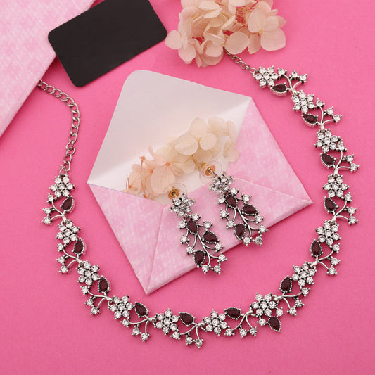 Tehzeeb Creations Silver Pleated White Diamond With Maroon Beads Necklace Set | Grab2Buy