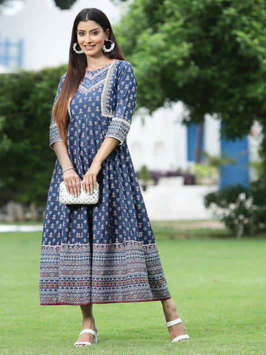 Juniper Womens Indigo Cambric Printed Maxi Dress
