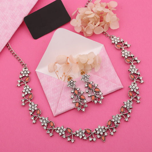 Tehzeeb Creations Silver Pleated White Diamond With Orange Beads Necklace Set | Grab2Buy