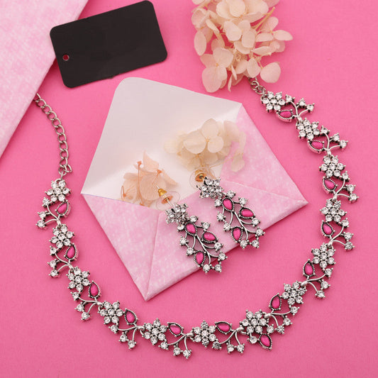 Tehzeeb Creations Silver Pleated White Diamond With Pink Beads Necklace Set | Grab2Buy