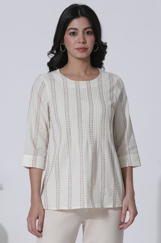 W for Woman White Yarn-Dyed Stripes Cotton Top Grab2Buy WforWoman Grab2Buy