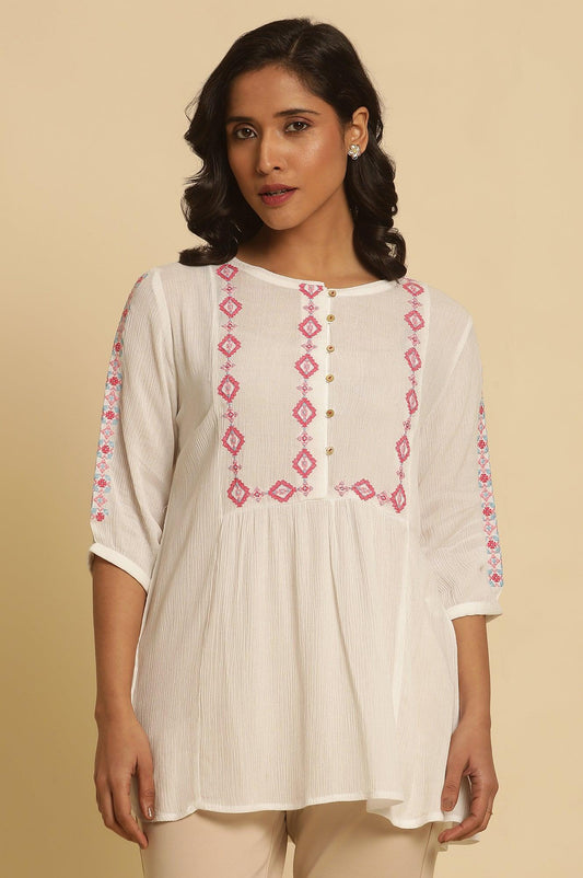 W for Woman White Solid Top With Thread Embroidery Grab2Buy WforWoman Grab2Buy