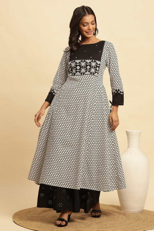 W for Woman White And Black Printed Flared Kurta With Embroidery