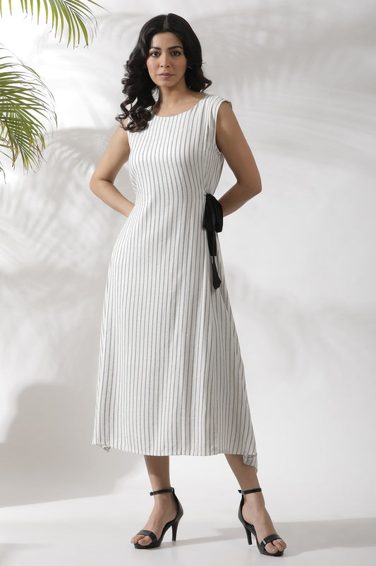 W for Woman White Sleeveless Long Stripe Printed Cotton Dress Grab2Buy WforWoman Grab2Buy