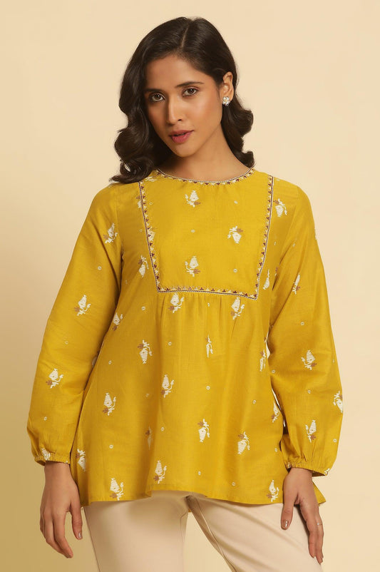 W for Woman Yellow Geometric Printed And Embroidered Top