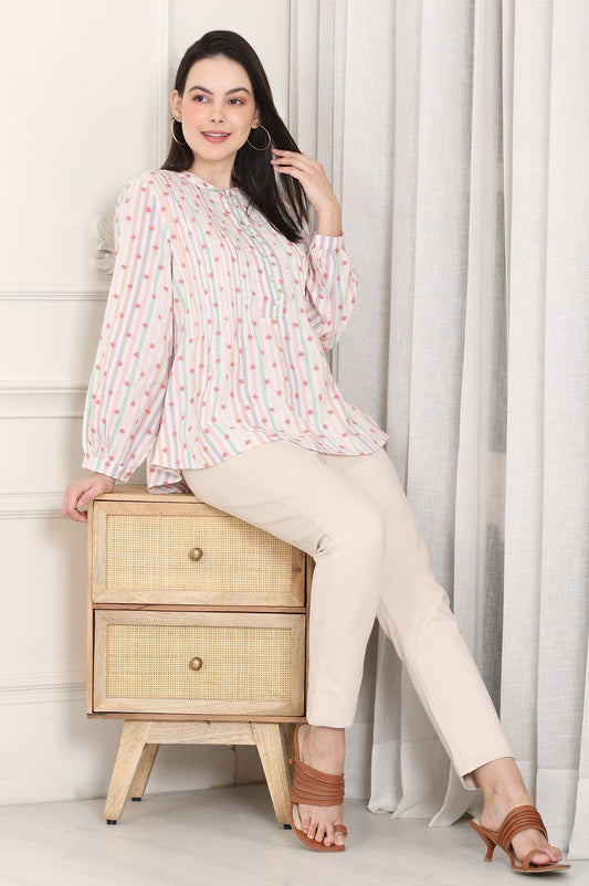 W for Woman White Pintuck Yoke Cotton Blend Embroidered Top With Stripes Print Grab2Buy WforWoman Grab2Buy