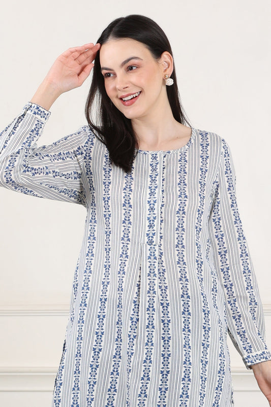 W for Woman White Floral Printed Rayon Flax Tunic With Front Pleats Grab2Buy WforWoman Grab2Buy