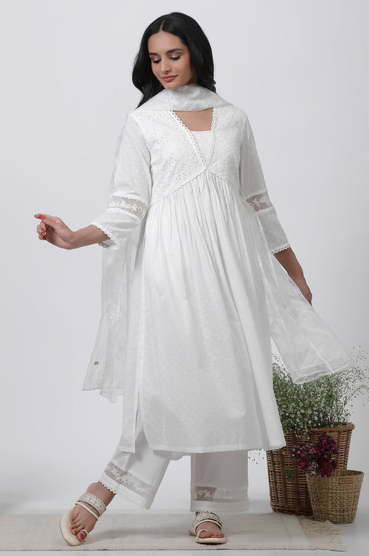 W for Woman White Embellished Kurta, Pants and Dupatta Set