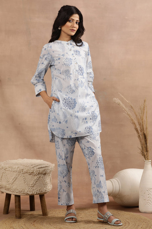 W for Woman Light Blue Printed Short Kurta And Pants Co-Ord Set