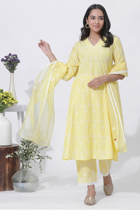 W for Woman Yellow Cotton Embroidered Flared Kurta, Straight Pants And Dupatta Set