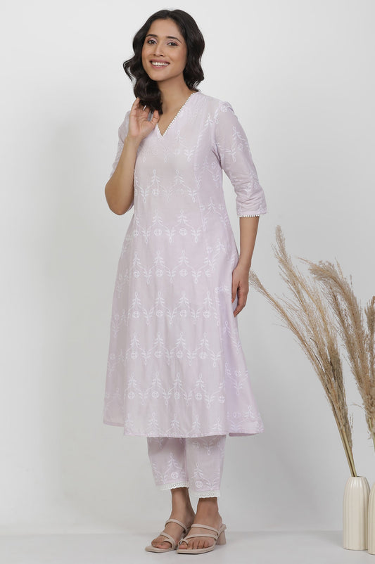 W for Woman Light Purple Schiffle A-Line Kurta And Pants Set