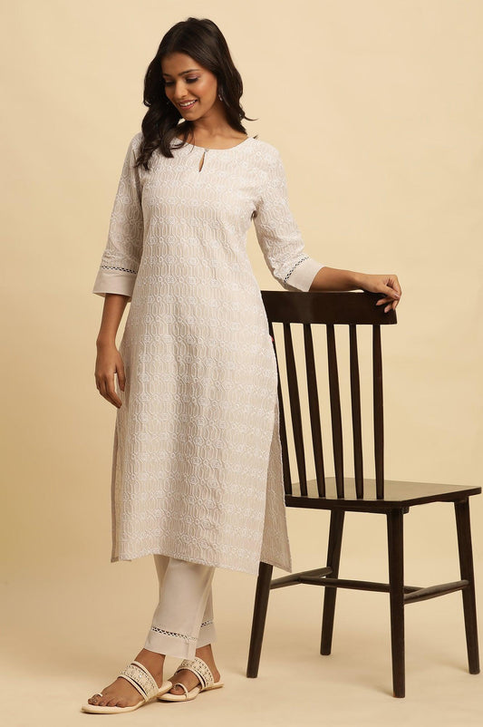 W for Woman Light Grey Embroidered Cotton Kurta