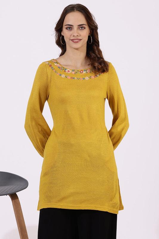 W for Woman Yellow Solid Thread Work Acrylic Straight Tunic Grab2Buy WforWoman Grab2Buy