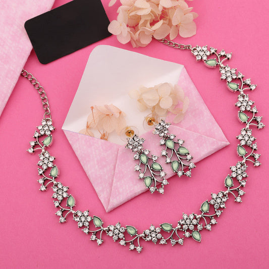 Tehzeeb Creations Silver Pleated White Diamond With Sea Green Beads Necklace Set | Grab2Buy