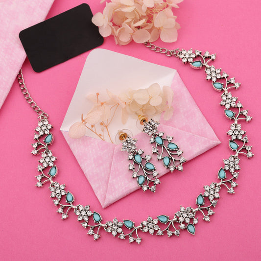 Tehzeeb Creations Silver Pleated White Diamond With Sky Blue Beads Necklace Set | Grab2Buy