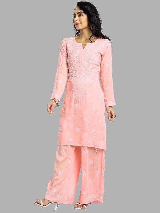 ADA Floral Embroidered Long Sleeves Regular Lucknowi Chikankari Kurta With Palazzos