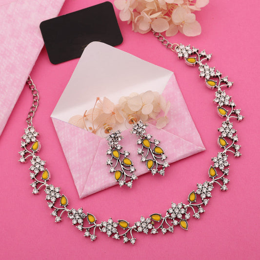 Tehzeeb Creations Silver Pleated White Diamond With Yellow Beads Necklace Set | Grab2Buy