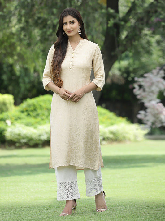 Juniper Womens Ivory Rayon Jacquard Straight Kurta