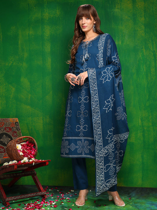 Bandhani Printed And Embroidered Kurta With Pant & Dupatta, Blue - Hiral Fashion