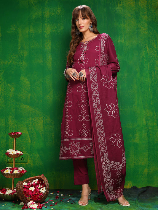 Bandhani Printed And Embroidered Kurta With Pant & Dupatta, Wine - Hiral Fashion