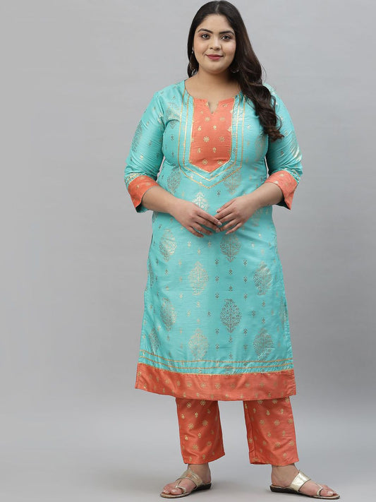 Sztori Plus Size Floral Foil Printed Gotta Patti Straight Kurta With Trouser