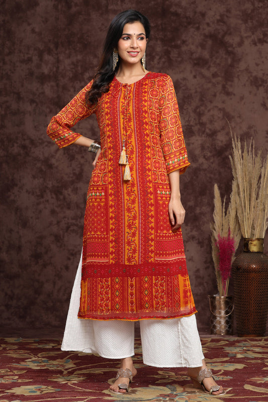 Juniper Women's Mustard Chiffon Printed Straight Kurta | Grab2Buy