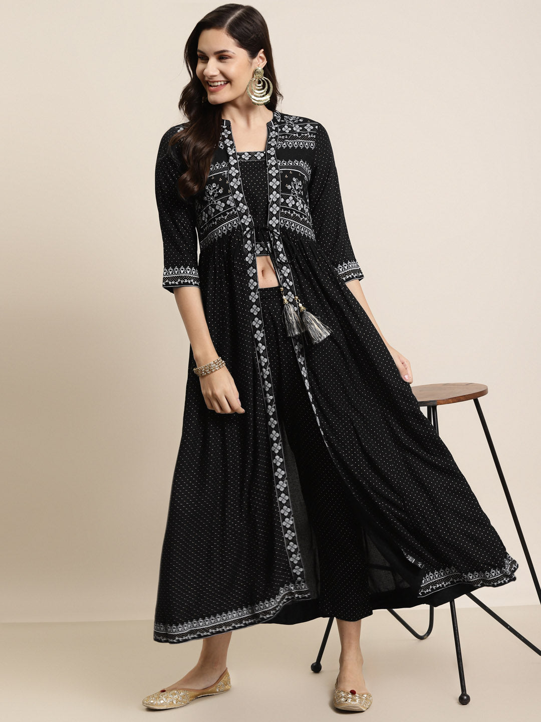 Juniper Women Black Rayon Printed Jacket Style Kurta Sets - Grab2buy