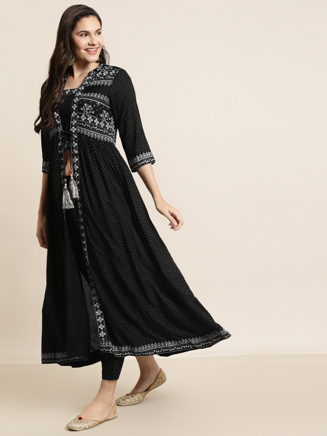 Juniper Women Black Rayon Printed Jacket Style Kurta Sets - Grab2buy