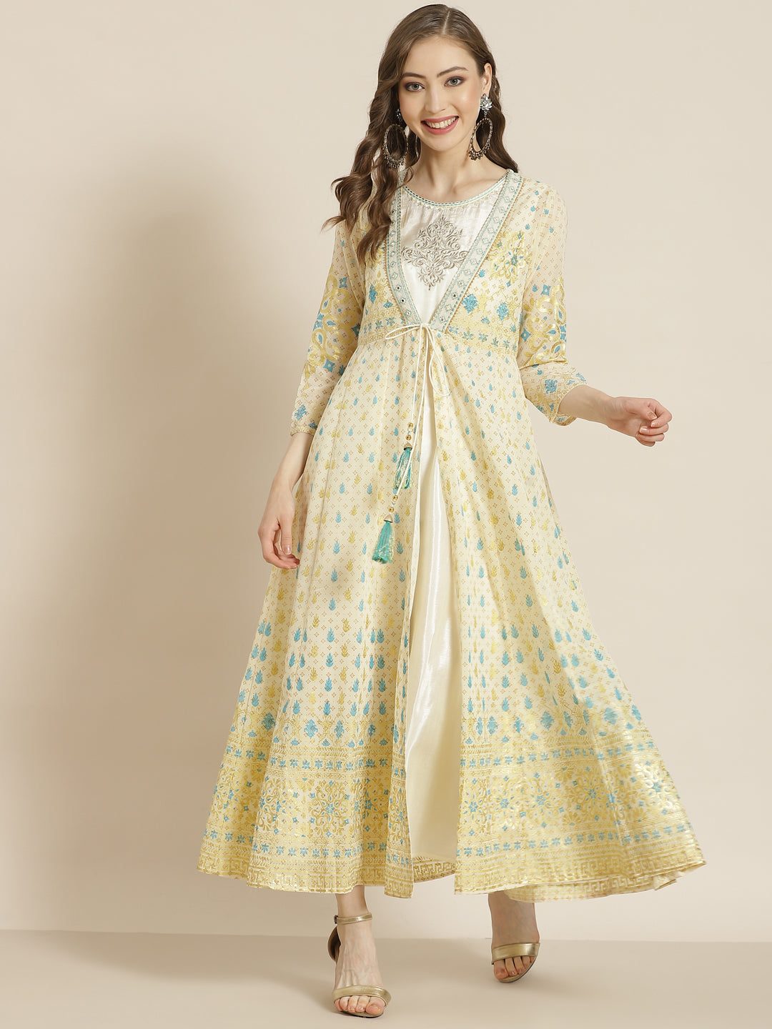 Juniper Women Ivory Georgette Printed Jacket Style Dress - Grab2buy
