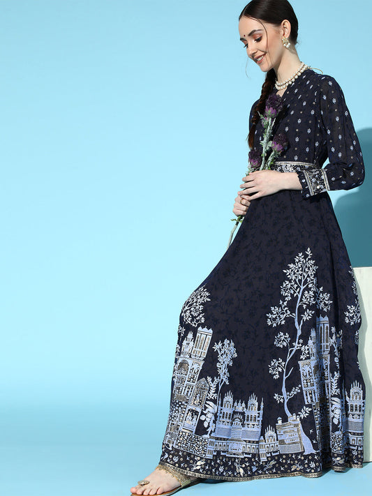 Juniper Women Indigo Georgette Printed Flared Dress - Grab2buy