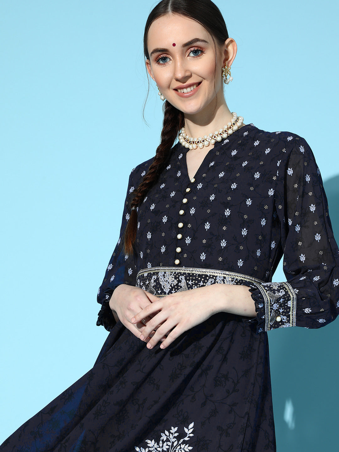 Juniper Women Indigo Georgette Printed Flared Dress - Grab2buy