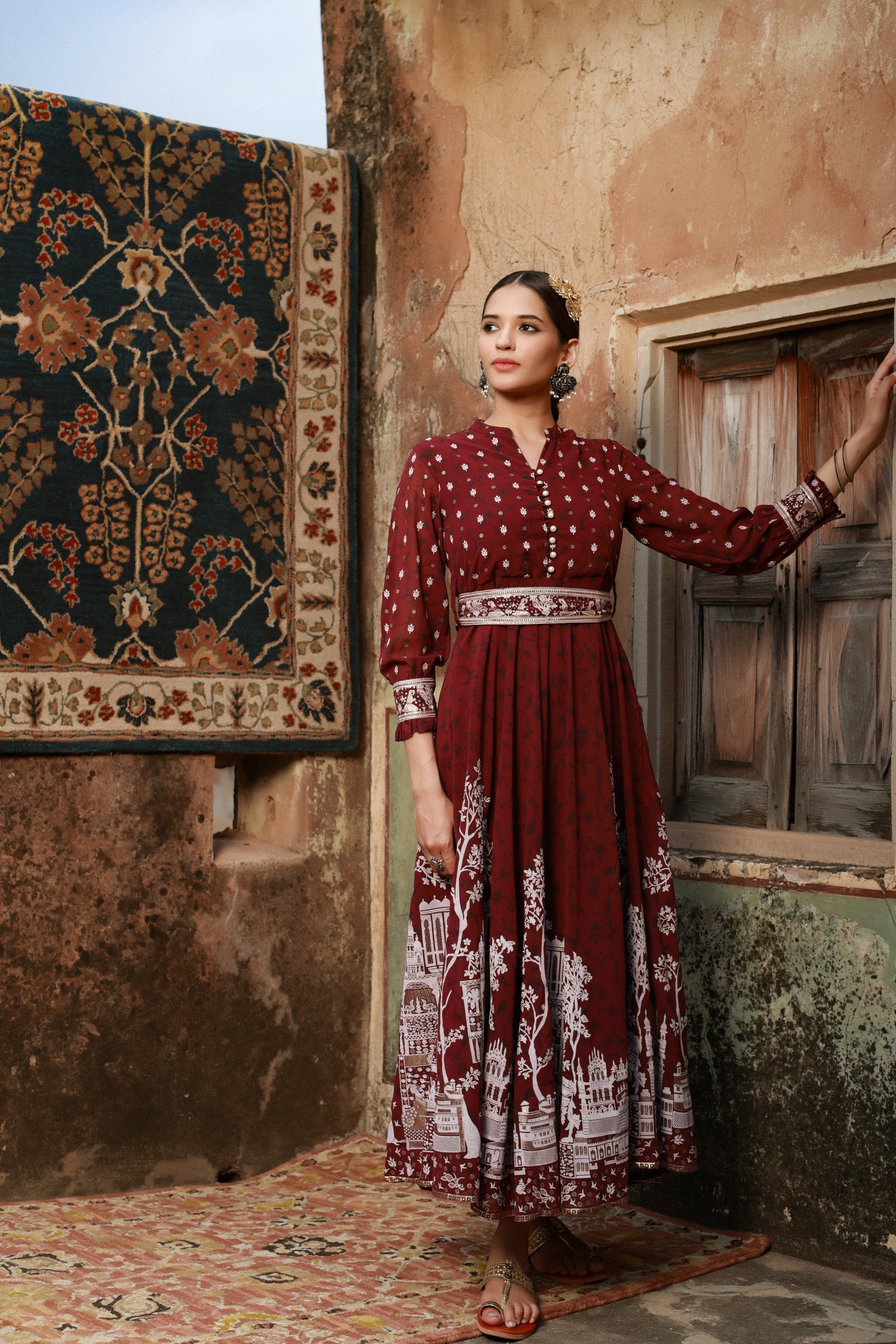 Juniper Women Wine Georgette Printed Flared Dress - Grab2buy