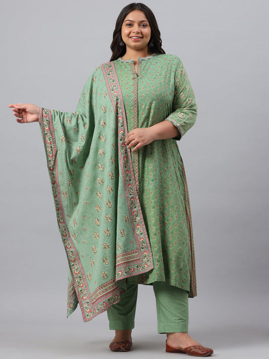 Juniper Women`s Pista Green Rayon Daily Wear Printed A-line Kurta Sets