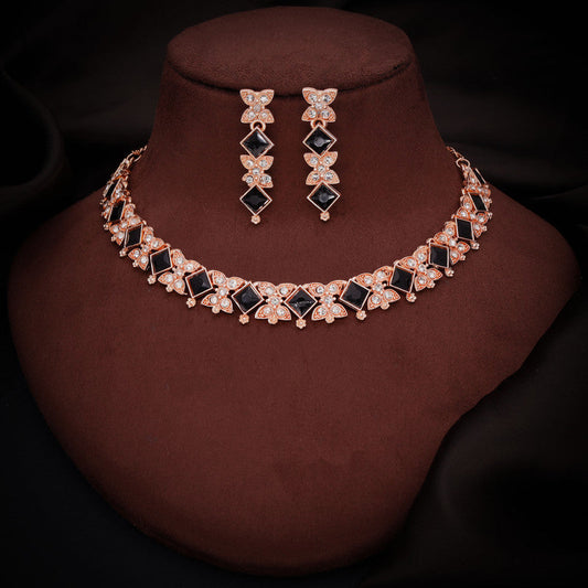 Tehzeeb Creations Rose Gold-Polished Black Choker Necklace With Dangle Earrings