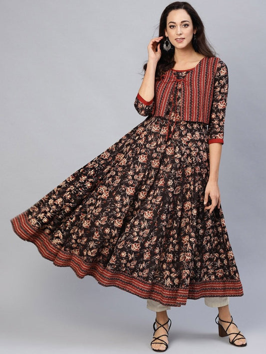 Aks Ethnic Motifs Printed Pure Cotton Anarkali Kurta With Jacket