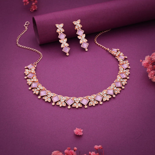 Tehzeeb Creations Rose Gold-Polished Lavender Choker Necklace With Dangle Earrings
