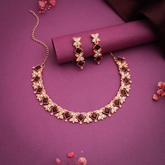 Tehzeeb Creations Rose Gold-Polished Maroon Choker Necklace With Dangle Earrings