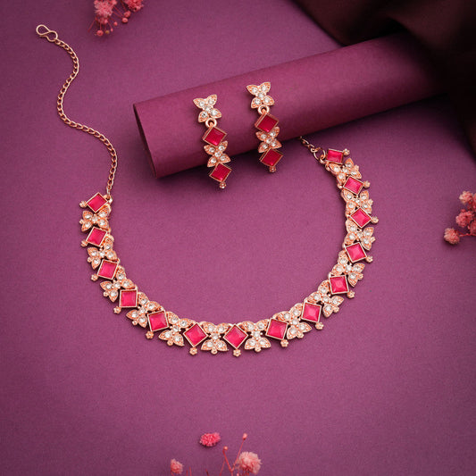 Tehzeeb Creations Rose Gold-Polished Pink Choker Necklace With Dangle Earrings