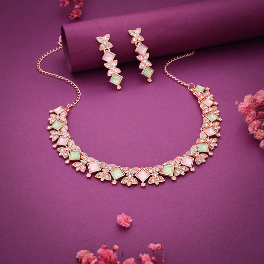 Tehzeeb Creations Rose Gold-Polished Sea Green & Baby Pink Choker Necklace With Dangle Earrings | Grab2Buy
