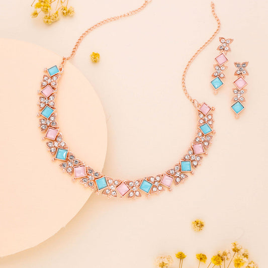 Tehzeeb Creations Rose Gold-Polished Sky & Baby Pink Choker Necklace With Dangle Earrings