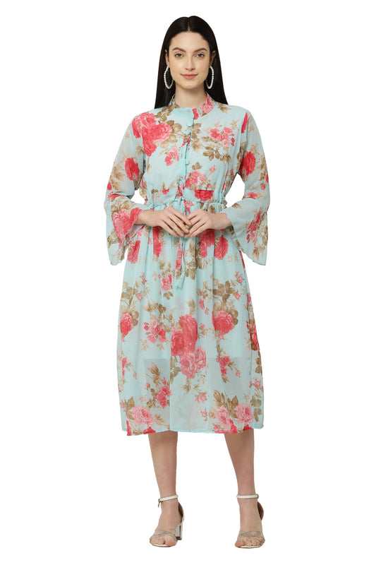 PAVONINE Rama Green Color Flower Printed Straight Dress For Women