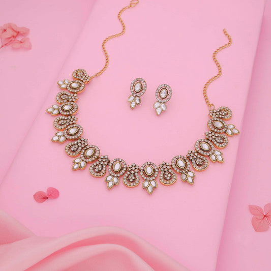 Tehzeeb Creations Gold-Polished White Colour Choker With Dangle Earrings | Grab2Buy